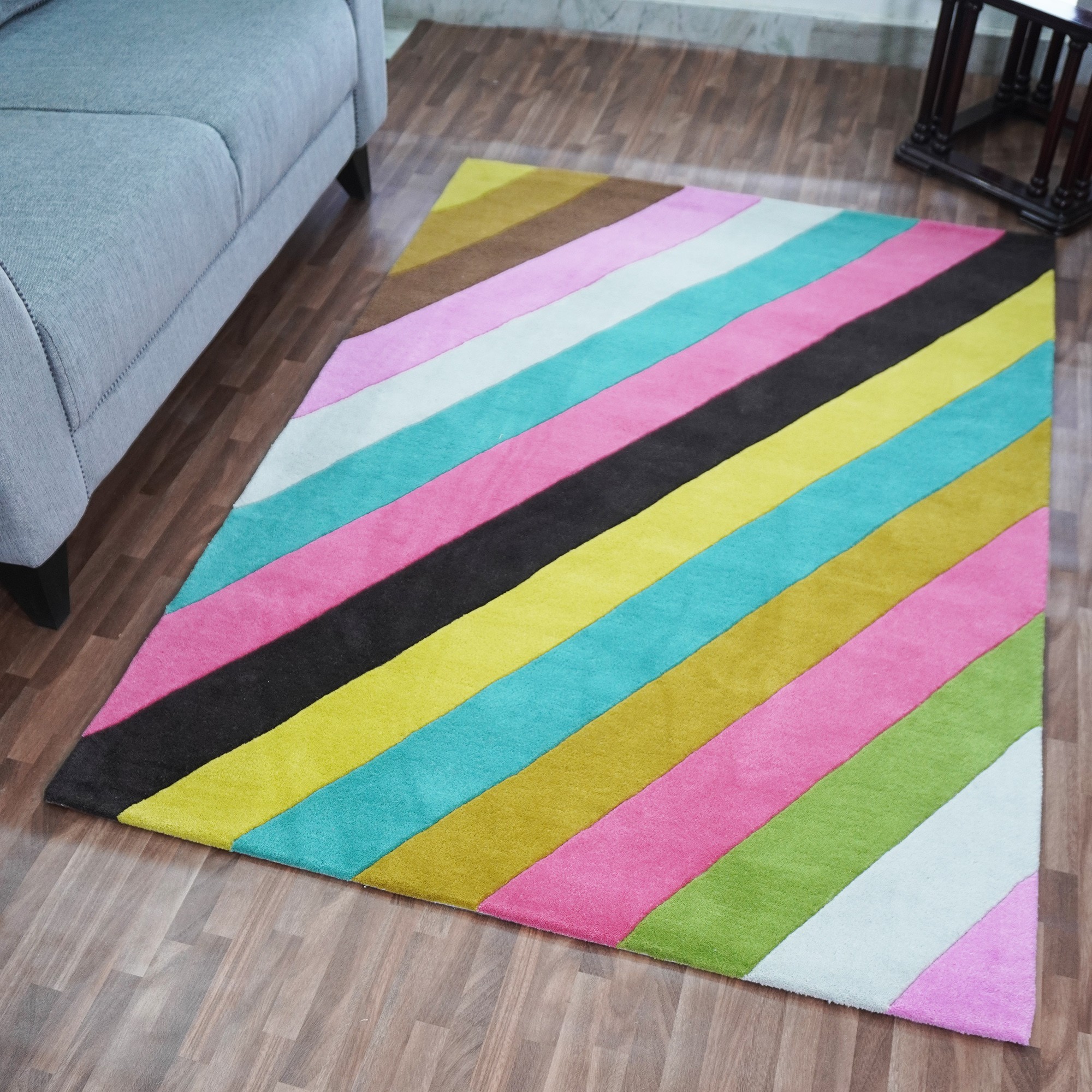 Diagonal Wool Modern Tufted Striped Carved Rugs In Multi